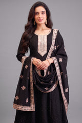 Close-up of embroidery and fabric texture on Black Art Silk Anarkali Suit