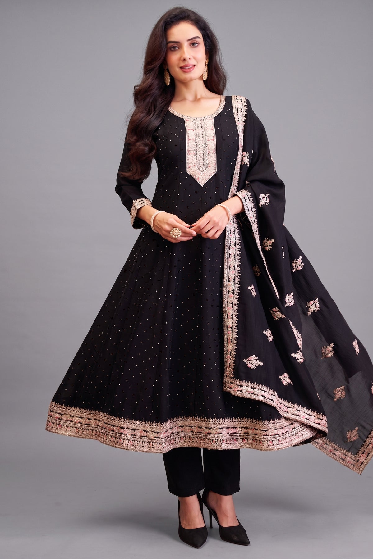 Black Art Silk Embroidered Anarkali Suit with Intricate Threadwork - Front View