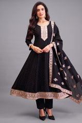 Black Art Silk Embroidered Anarkali Suit with Intricate Threadwork - Front View