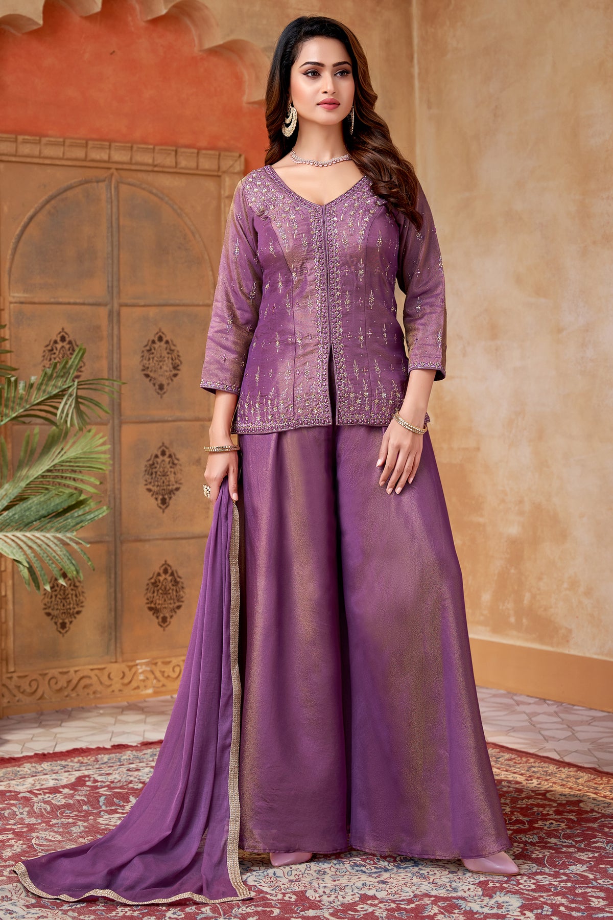 Elegant Deep Mauve Purple Tissue Silk Palazzo Suit for weddings and festivals