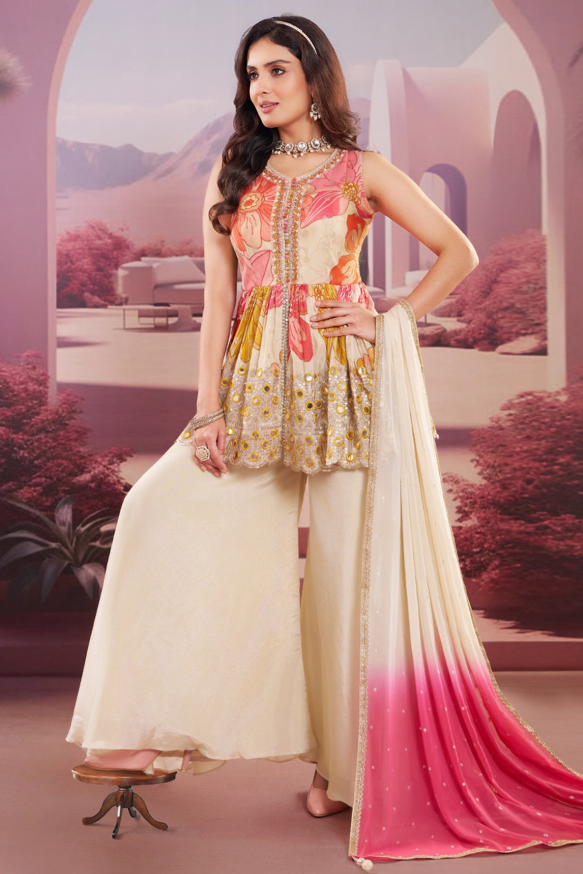 Designer Cream Chinon Crepe Silk Peplum Palazzo Suit for weddings and festivals