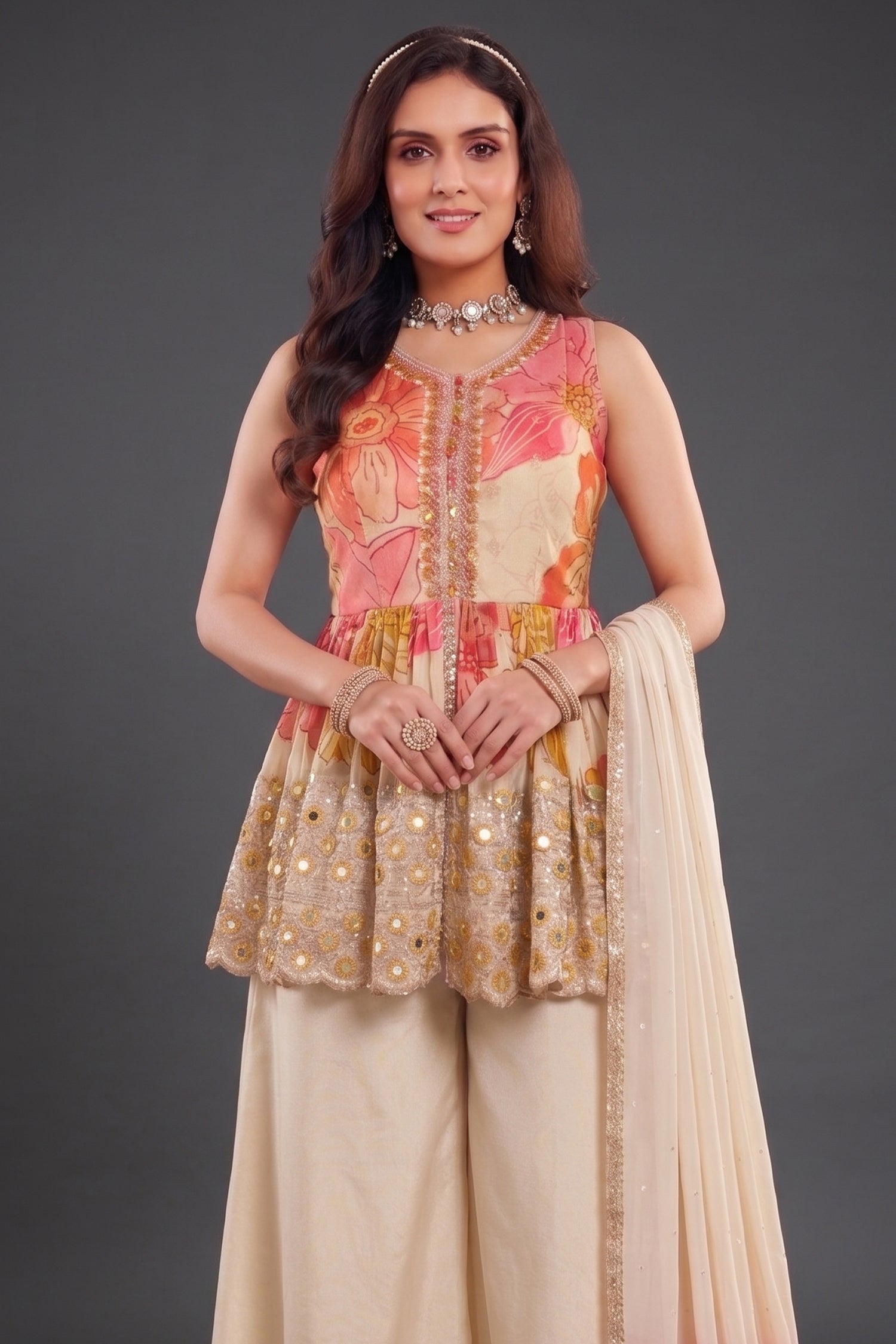 Close-up of mirror work and floral print on Cream Chinon Crepe Silk Peplum Suit