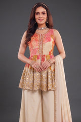 Close-up of mirror work and floral print on Cream Chinon Crepe Silk Peplum Suit