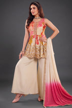 Cream Chinon Crepe Silk Floral Printed Peplum Mirror Worked Palazzo Suit - Front View