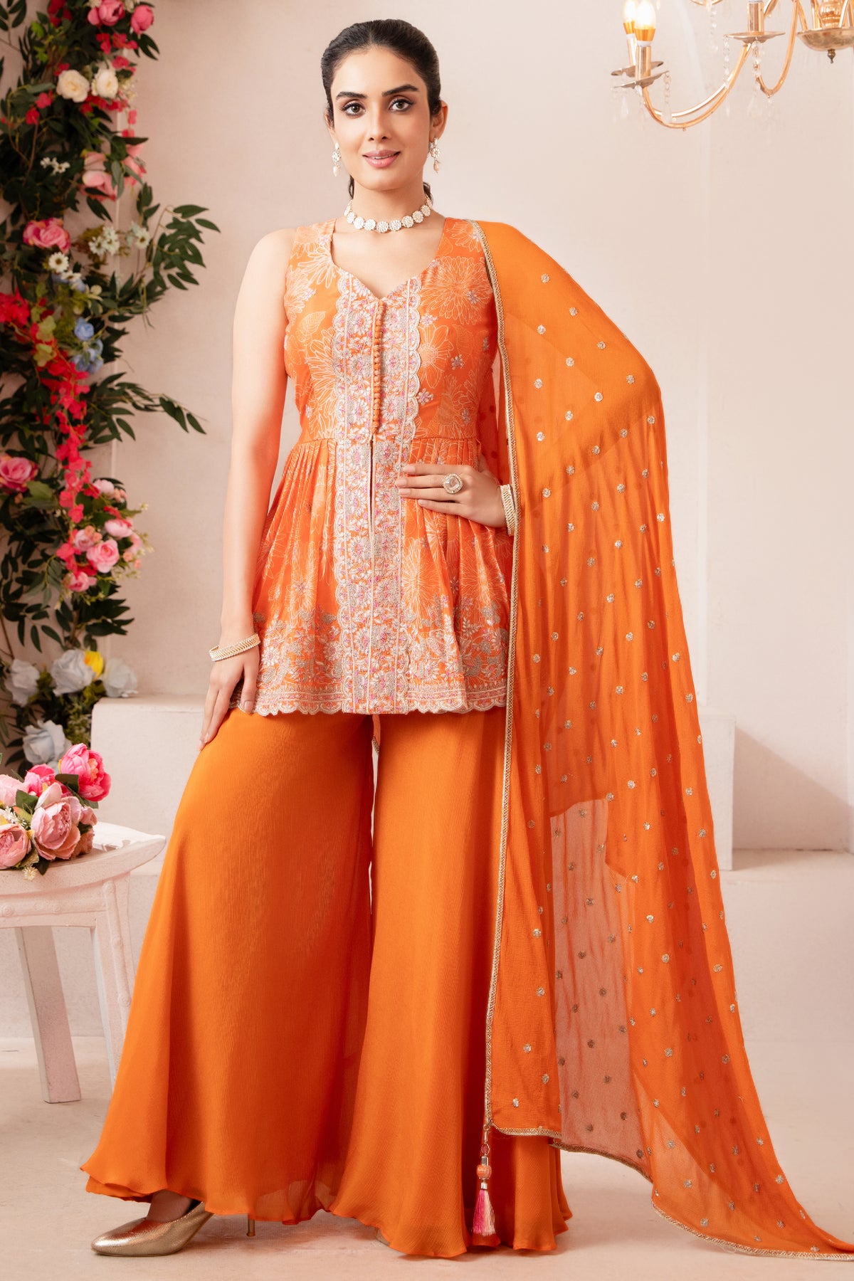 Designer Orange Chinon Chiffon Printed Peplum Palazzo Suit for festive wear