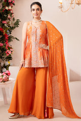 Designer Orange Chinon Chiffon Printed Peplum Palazzo Suit for festive wear