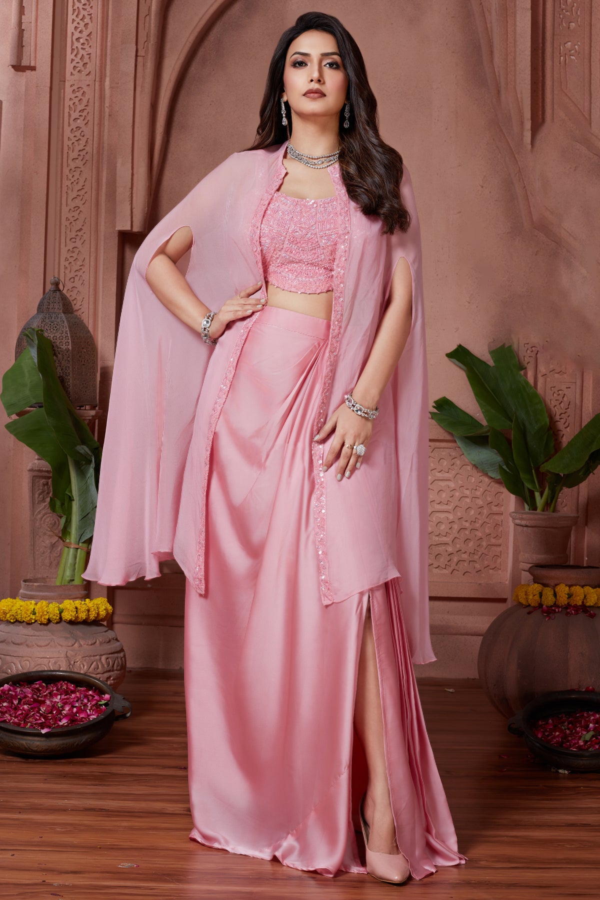 Designer Light Pink Organza Crop Top and Skirt with Cape Jacket for weddings