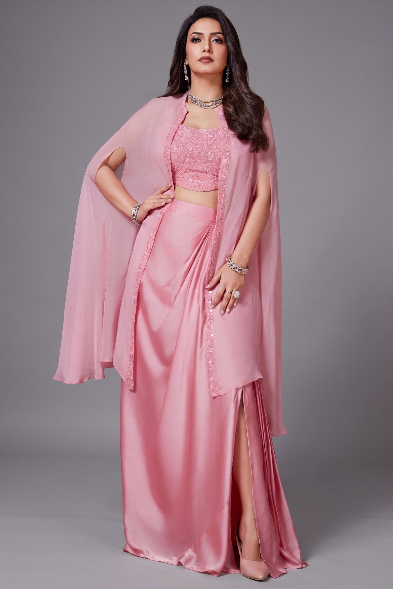 Light Pink Organza Sequin and Cutdana Worked Crop Top and Skirt with Cape Jacket - Front View