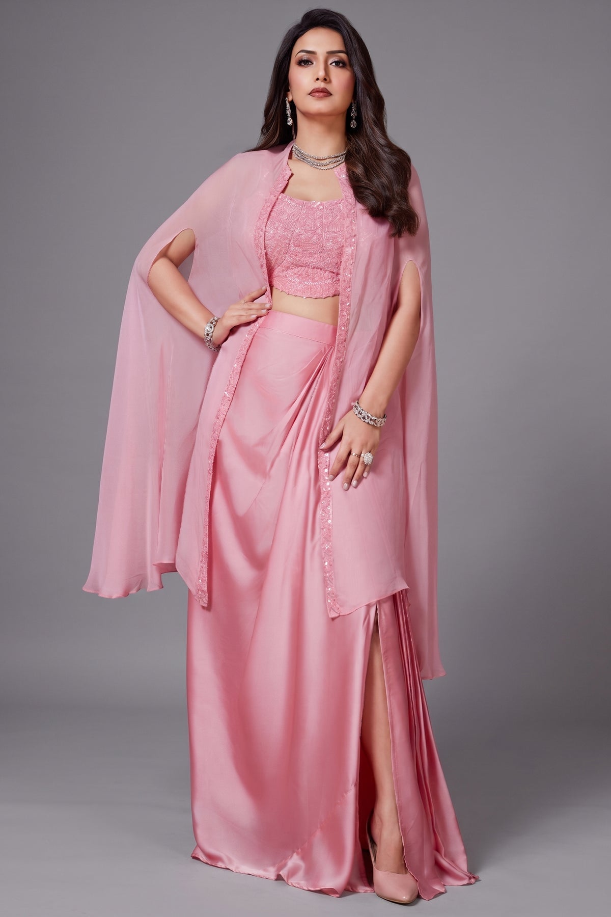 Light Pink Organza Sequin and Cutdana Worked Crop Top and Skirt with Cape Jacket - Front View