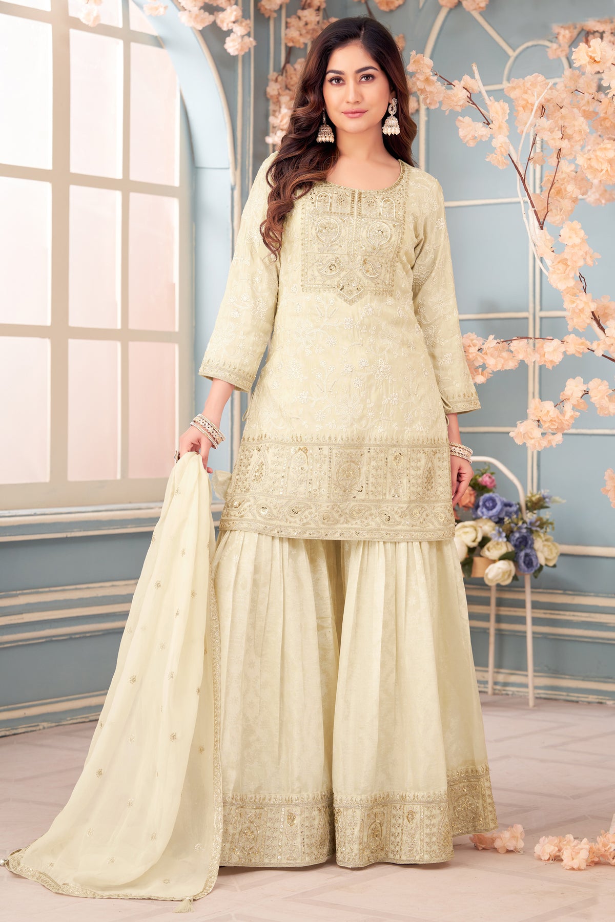 Elegant Cream Tissue Lucknowi Embroidered Sharara Suit for festive wear