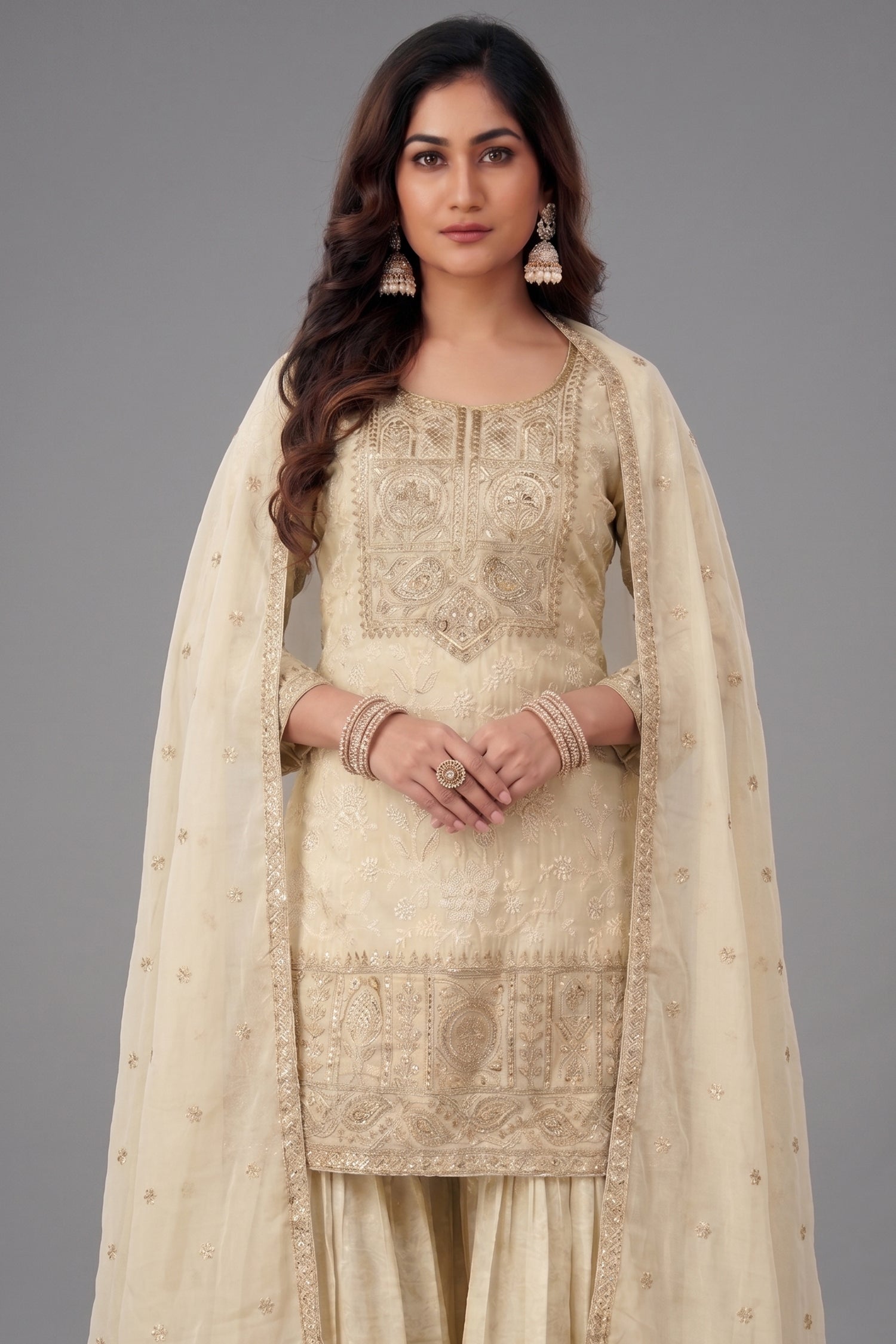 Close-up of Lucknowi embroidery and sequins on Cream Tissue Sharara Suit