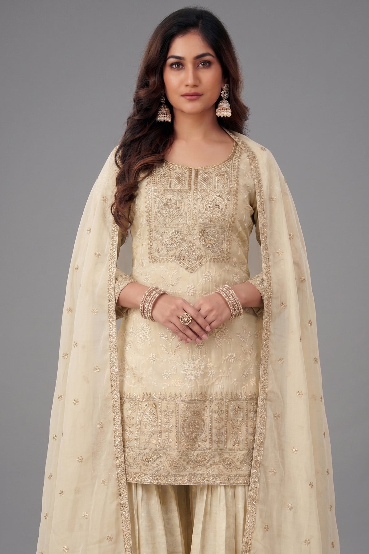 Close-up of Lucknowi embroidery and sequins on Cream Tissue Sharara Suit