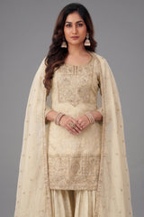 Close-up of Lucknowi embroidery and sequins on Cream Tissue Sharara Suit