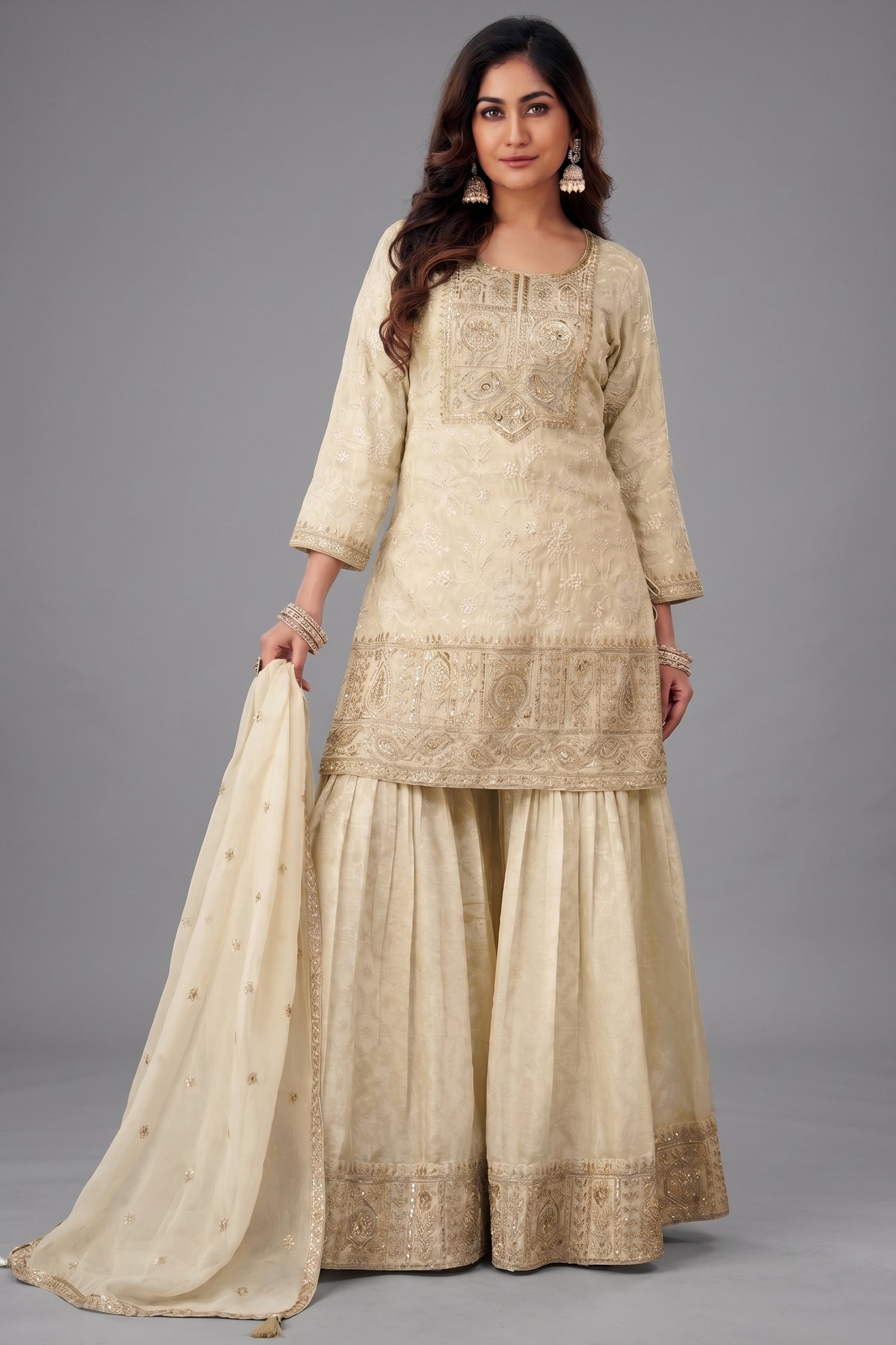 Cream Tissue Lucknowi Embroidered Sharara Suit with Sequin Work - Front View