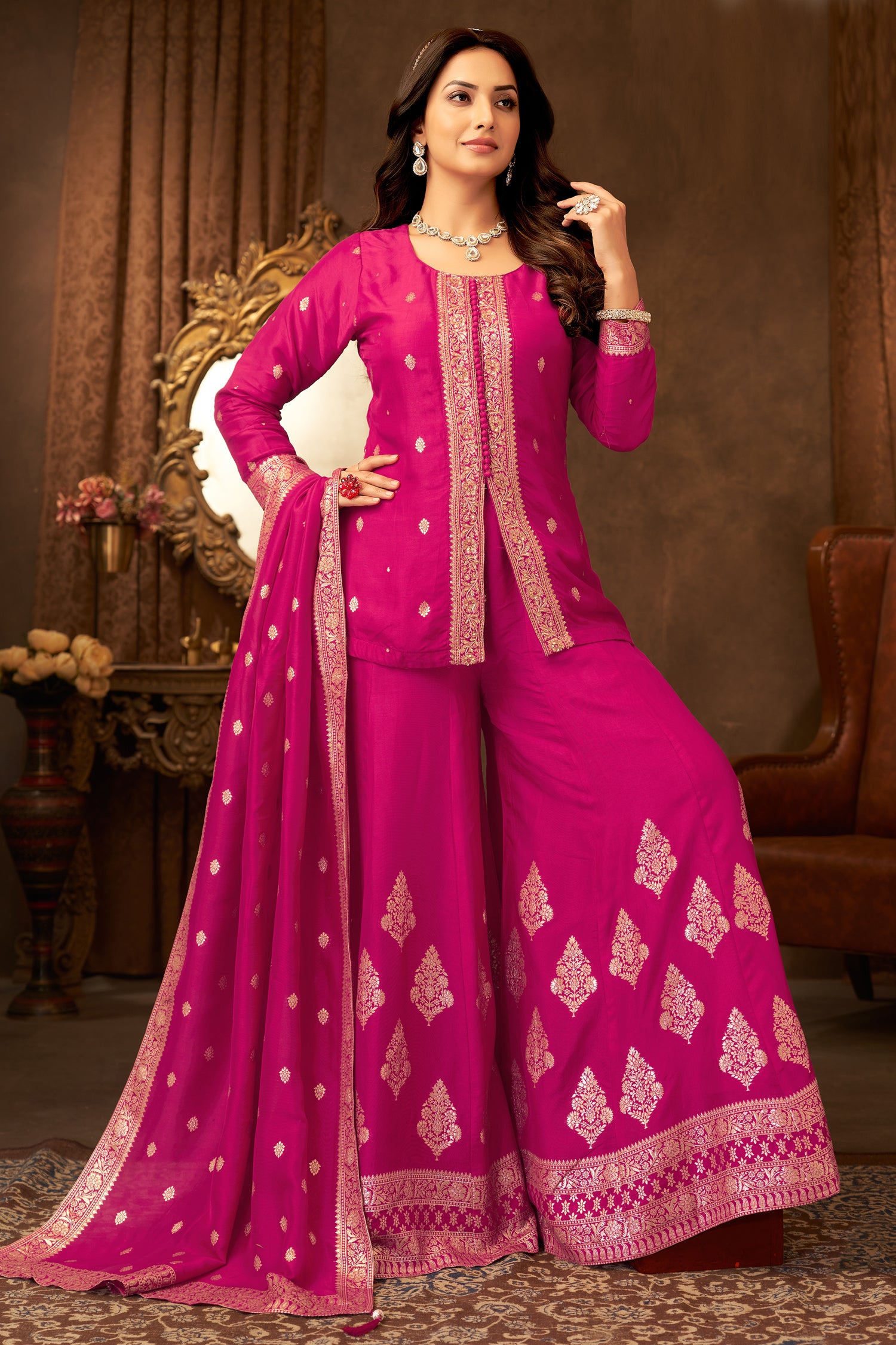Elegant Rani Pink Organza Woven Palazzo Suit for festive and wedding wear