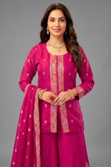 Close-up of woven organza fabric and texture on Rani Pink Palazzo Suit