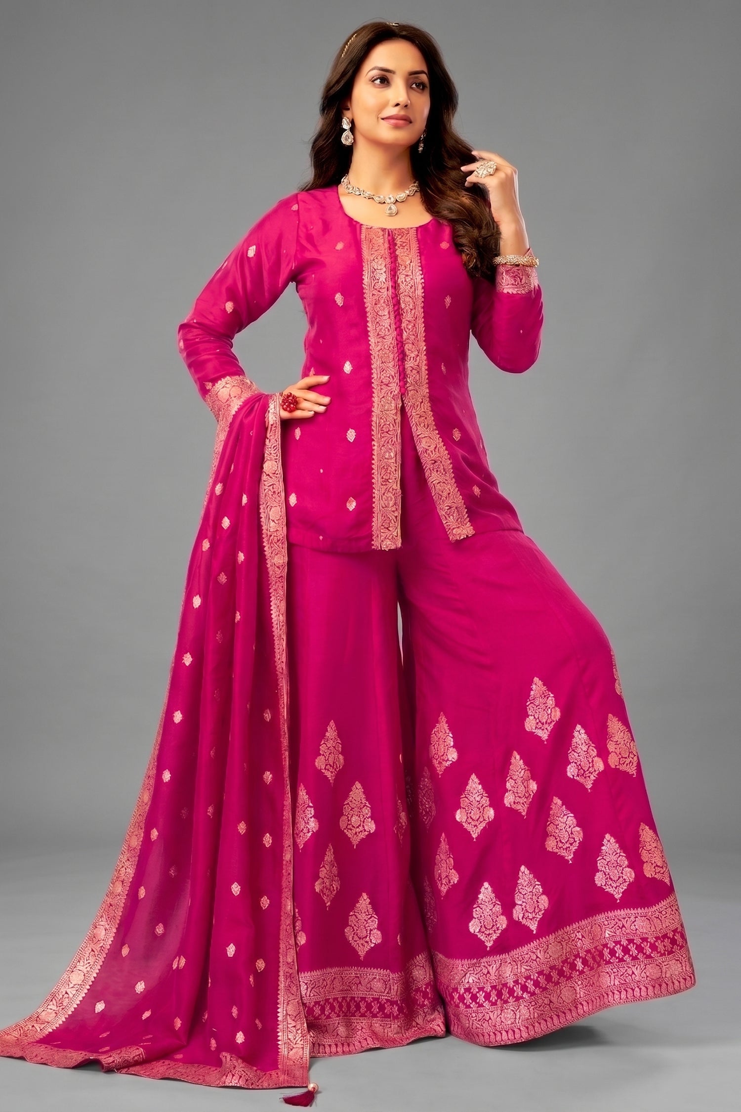 Rani Pink Organza Woven Palazzo Suit with Floral Woven Patterns - Front View