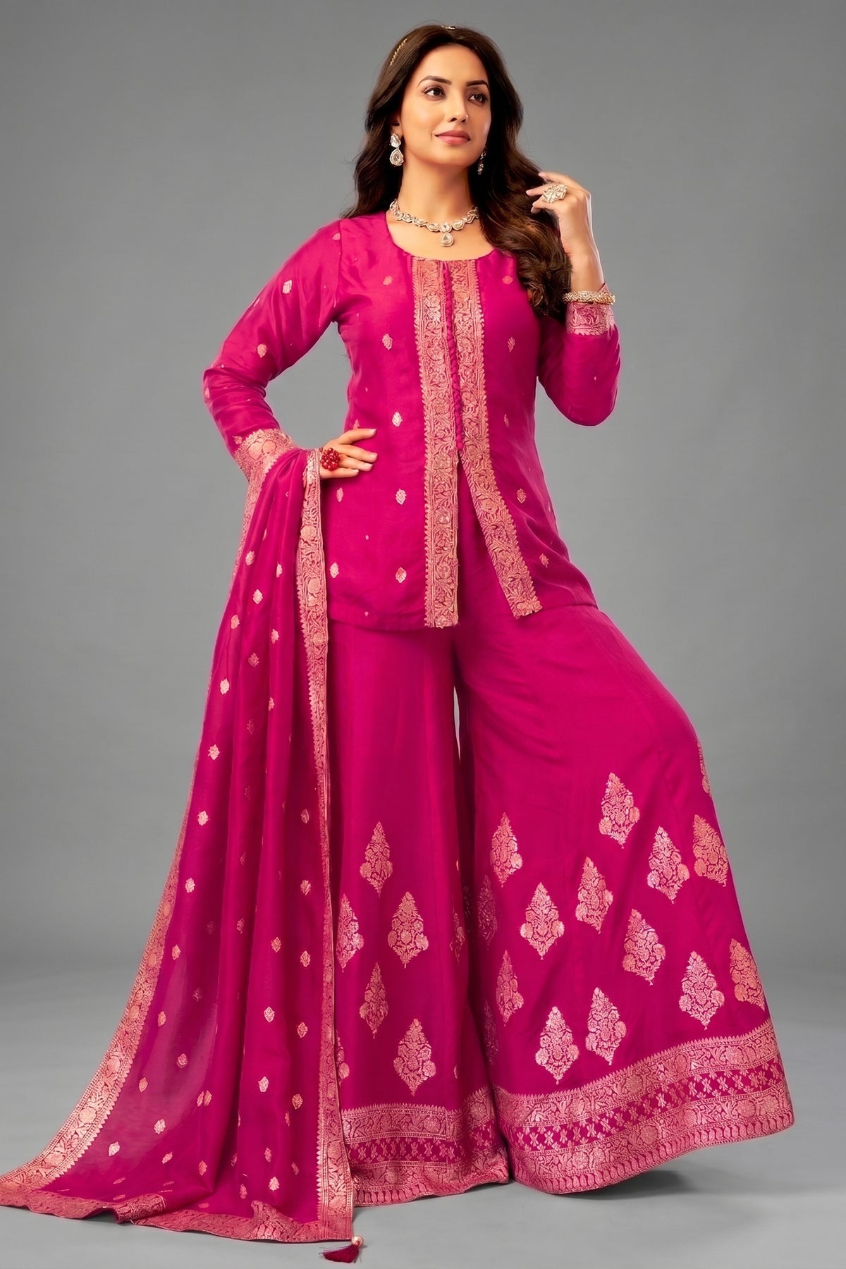 Rani Pink Organza Woven Palazzo Suit with Floral Woven Patterns - Front View