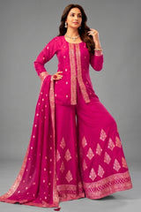 Rani Pink Organza Woven Palazzo Suit with Floral Woven Patterns - Front View