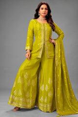 Olive Green Organza Woven Palazzo Suit with Floral Patterns - Front View