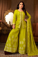 Elegant Olive Green Organza Woven Palazzo Suit for festive and wedding wear
