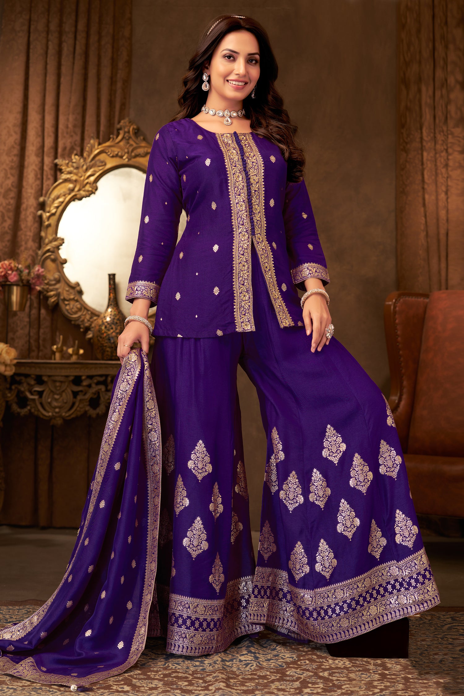 Elegant Indigo Purple Organza Woven Palazzo Suit for festive and wedding wear