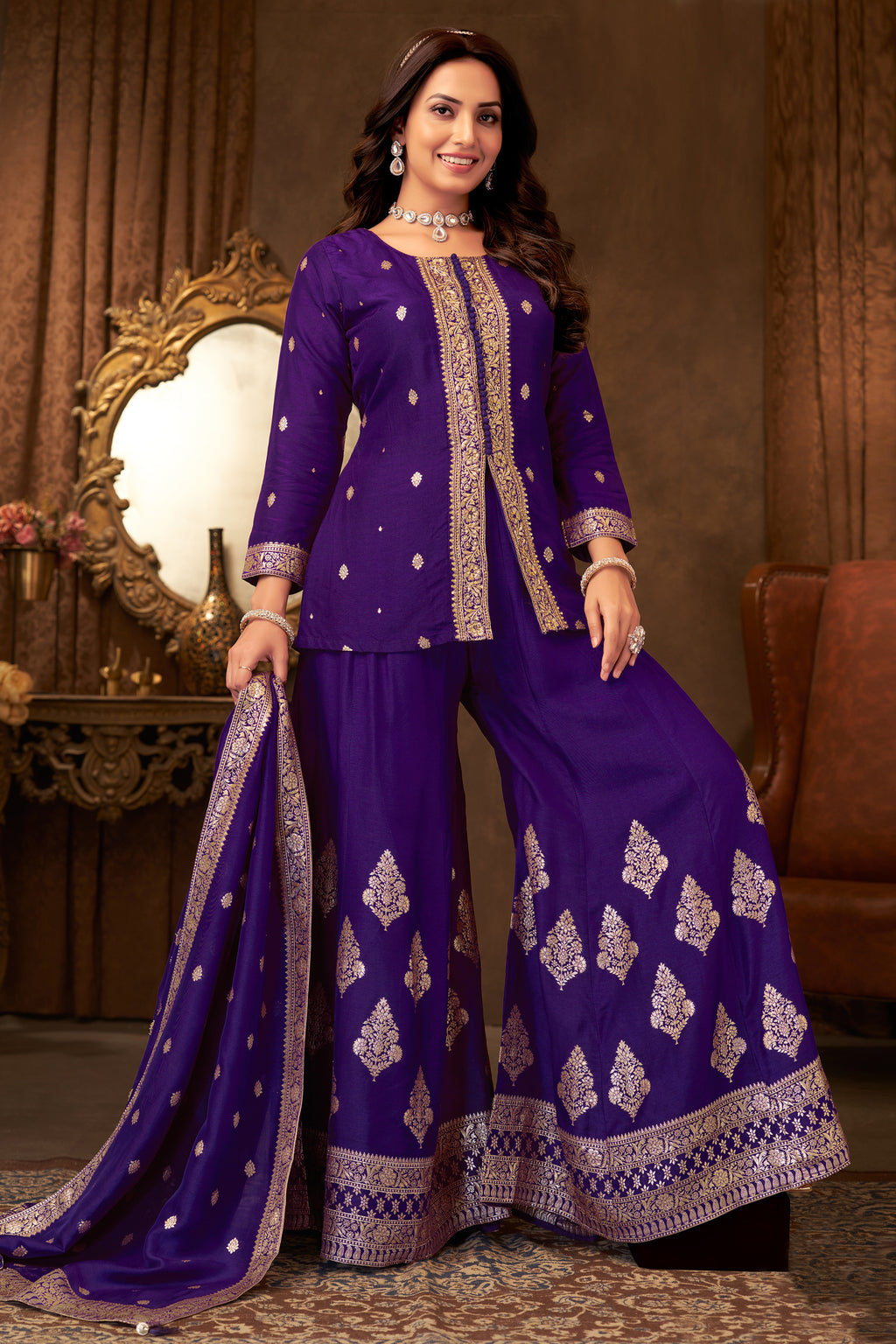 Elegant Indigo Purple Organza Woven Palazzo Suit for festive and wedding wear