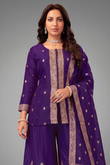 Close-up of woven organza fabric and texture on Indigo Purple Palazzo Suit