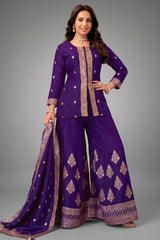 Indigo Purple Organza Woven Palazzo Suit with Floral Patterns - Front View