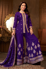 Elegant Indigo Purple Organza Woven Palazzo Suit for festive and wedding wear