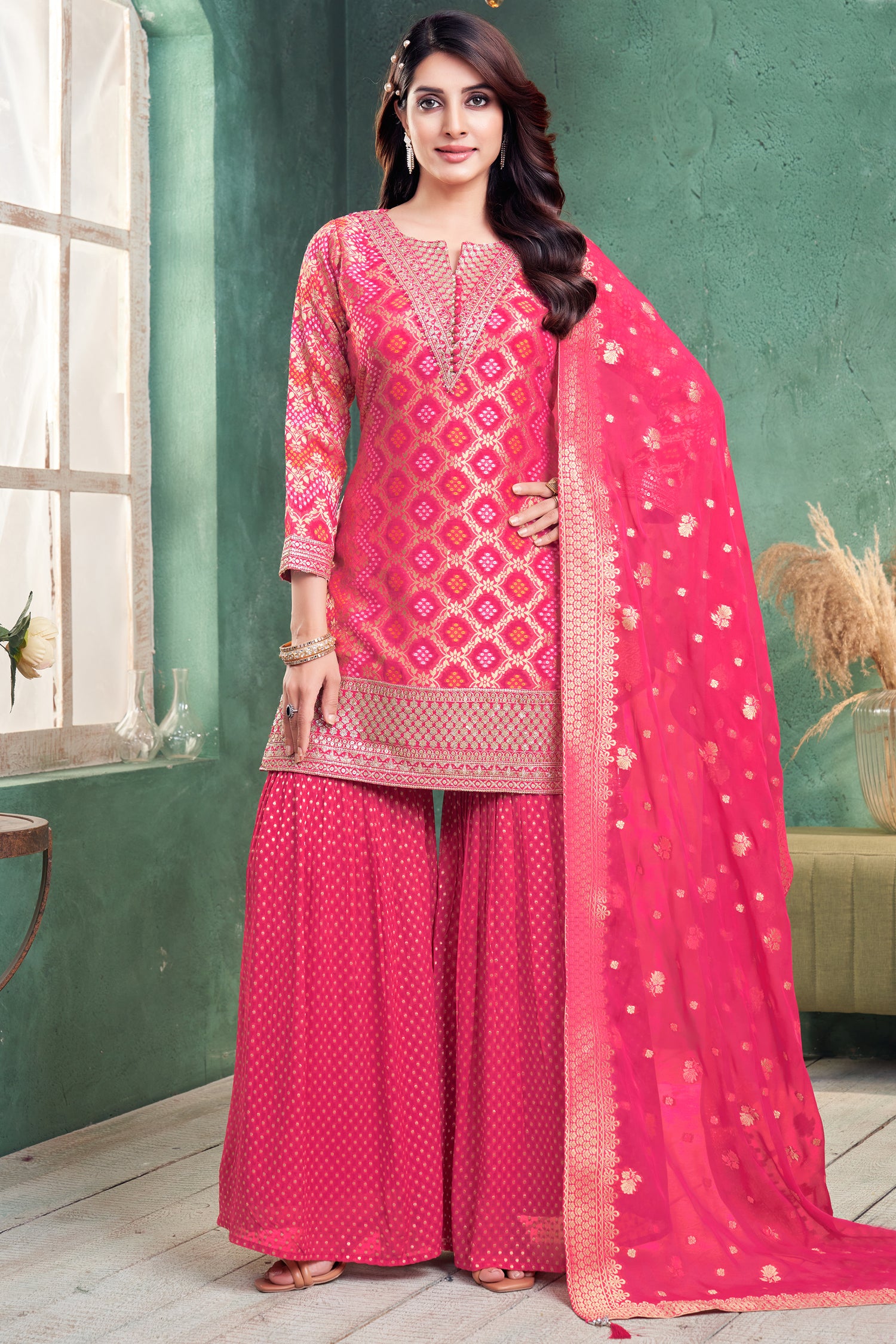 Elegant Light Pink Georgette Bandhej Sharara Suit for festive wear and weddings