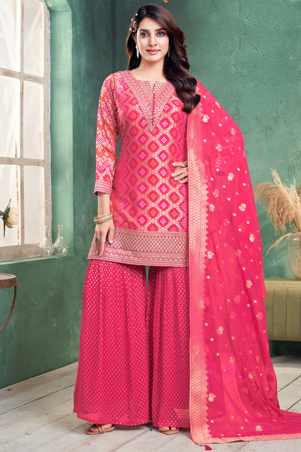 Elegant Light Pink Georgette Bandhej Sharara Suit for festive wear and weddings