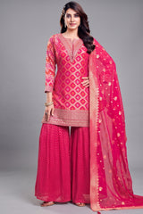 Light Pink Georgette Bandhej Sharara Suit with Sequin Work - Front View