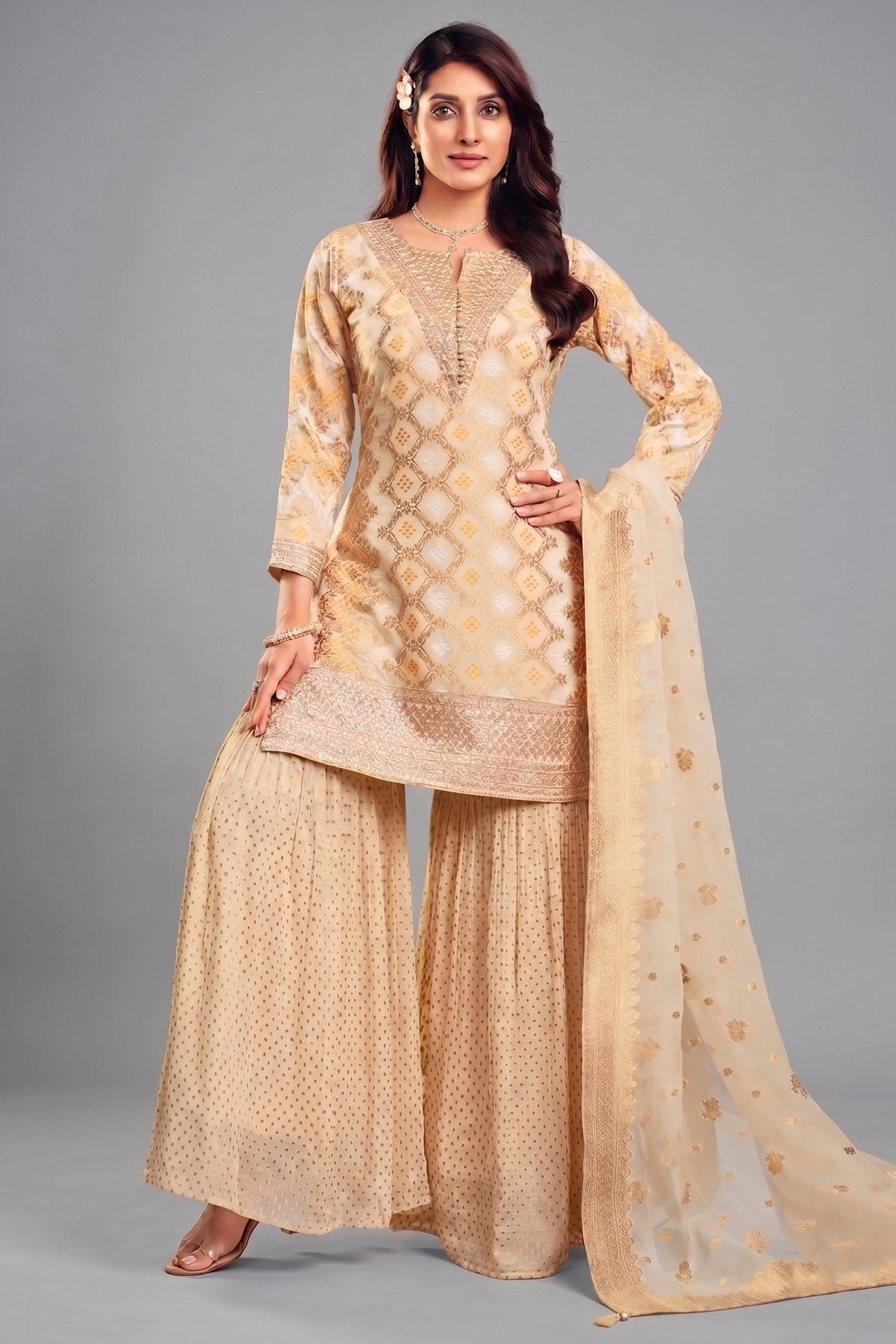 Cream Georgette Bandhej Sharara Suit with Sequin Work - Front View