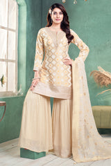 Elegant Cream Georgette Bandhej Sharara Suit for festive wear and weddings