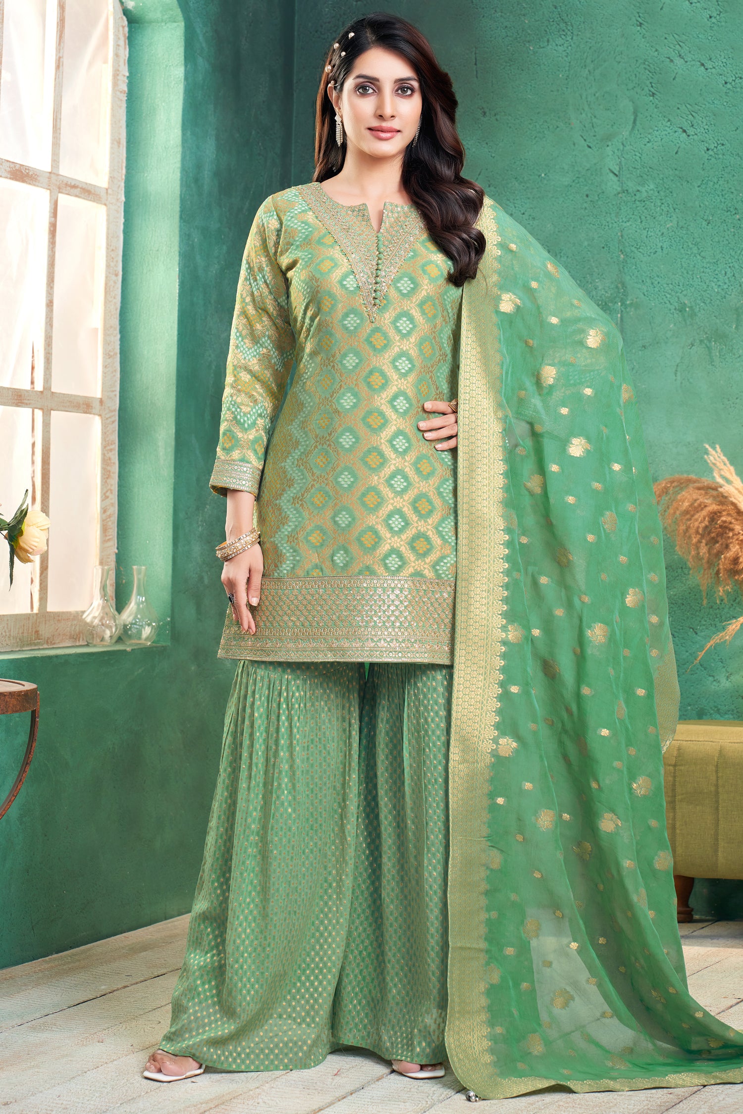 Elegant Green Georgette Bandhej Sharara Suit for festive wear and weddings