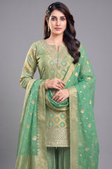 Close-up of Bandhej woven pattern and sequins on Green Georgette Sharara Suit