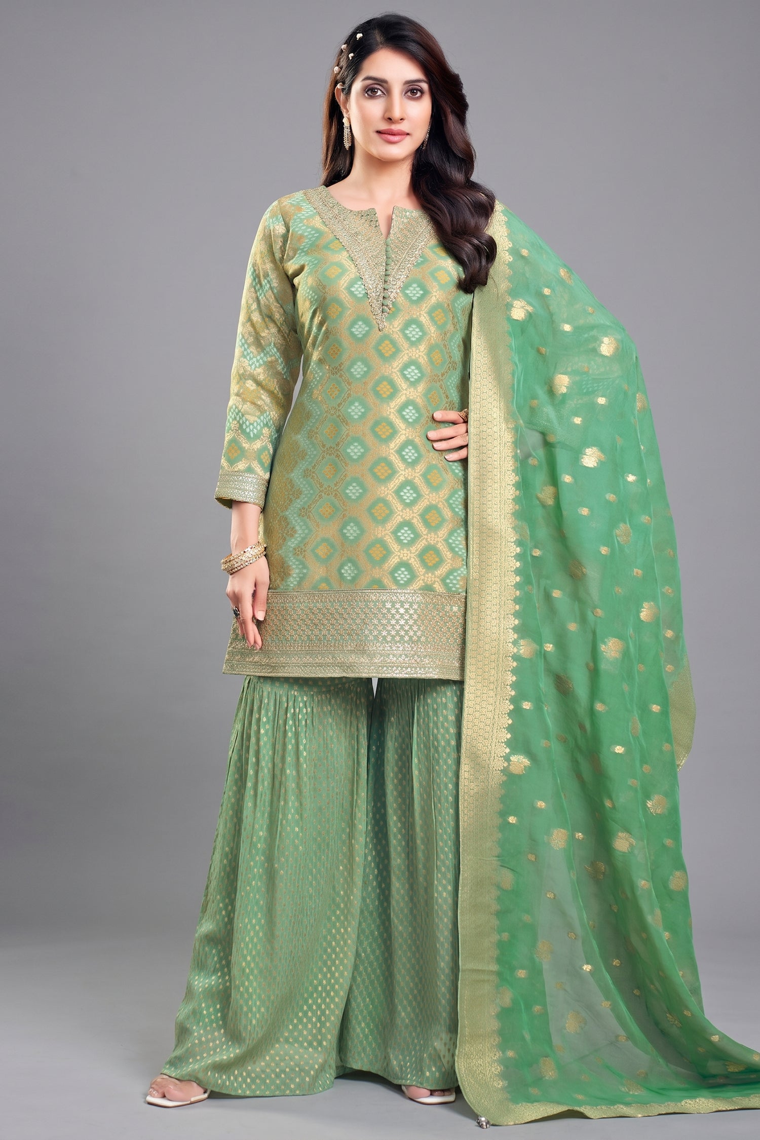 Green Georgette Bandhej Sharara Suit with Sequin Work - Front View