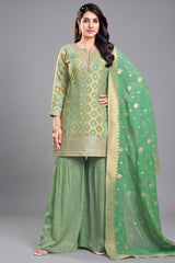 Green Georgette Bandhej Sharara Suit with Sequin Work - Front View