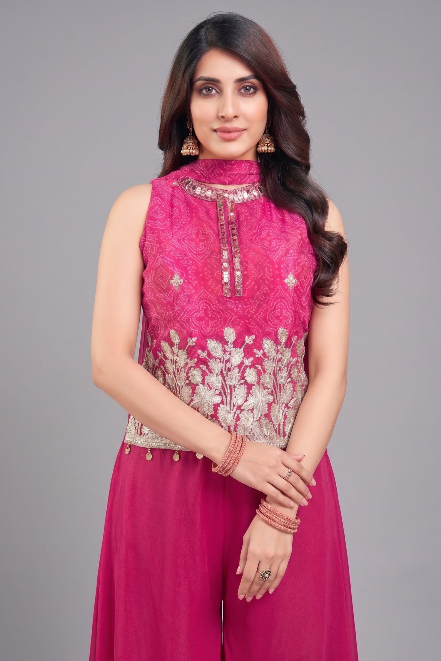 Close-up of Gota work and floral print on Pink Chinon Chiffon Palazzo Suit