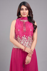 Close-up of Gota work and floral print on Pink Chinon Chiffon Palazzo Suit