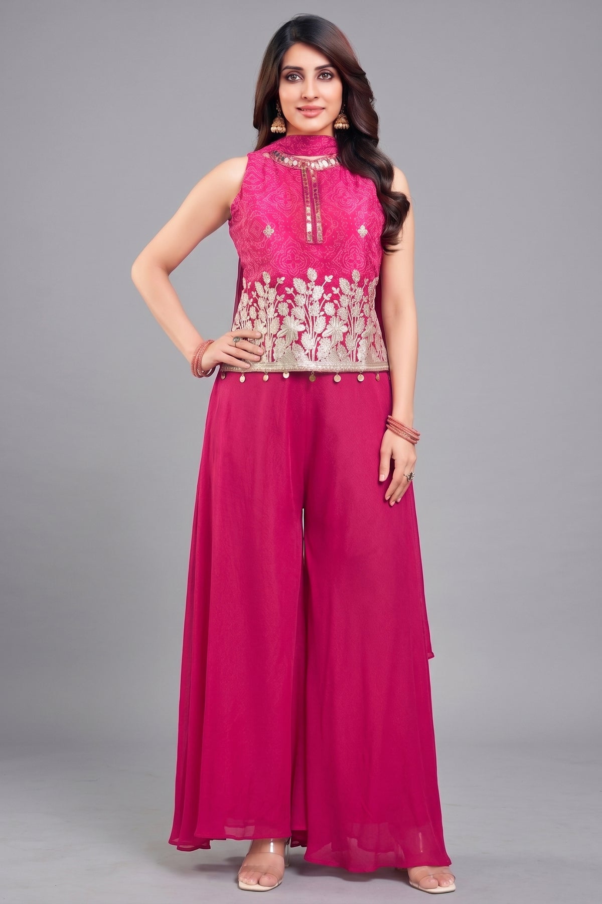 Pink Chinon Chiffon Palazzo Suit with Printed Top and Gota Work - Front View