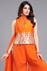 Close-up of Gota work and floral print on Orange Chinon Chiffon Palazzo Suit