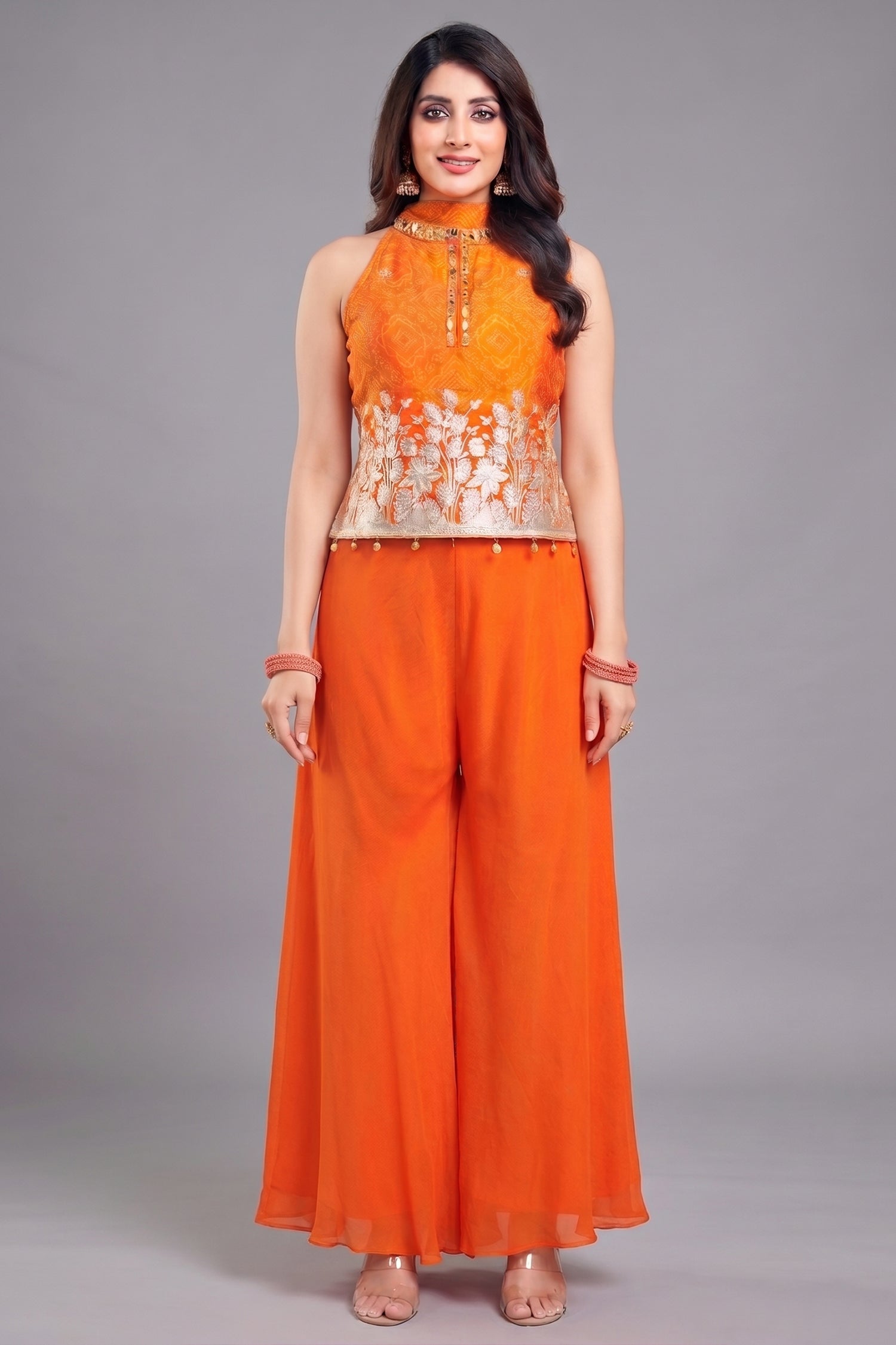 Orange Chinon Chiffon Palazzo Suit with Printed Top and Gota Work - Front View
