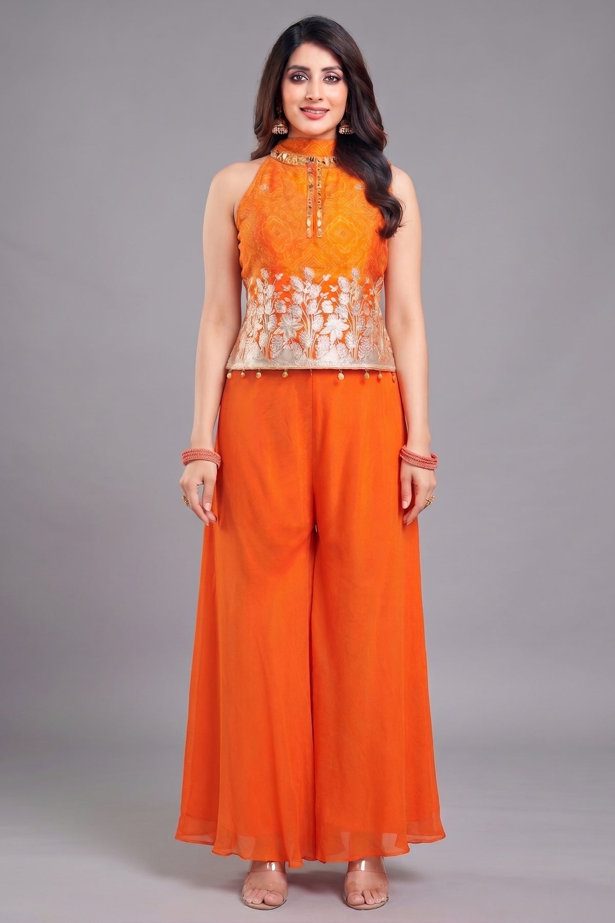Orange Chinon Chiffon Palazzo Suit with Printed Top and Gota Work - Front View