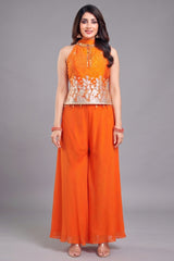 Orange Chinon Chiffon Palazzo Suit with Printed Top and Gota Work - Front View