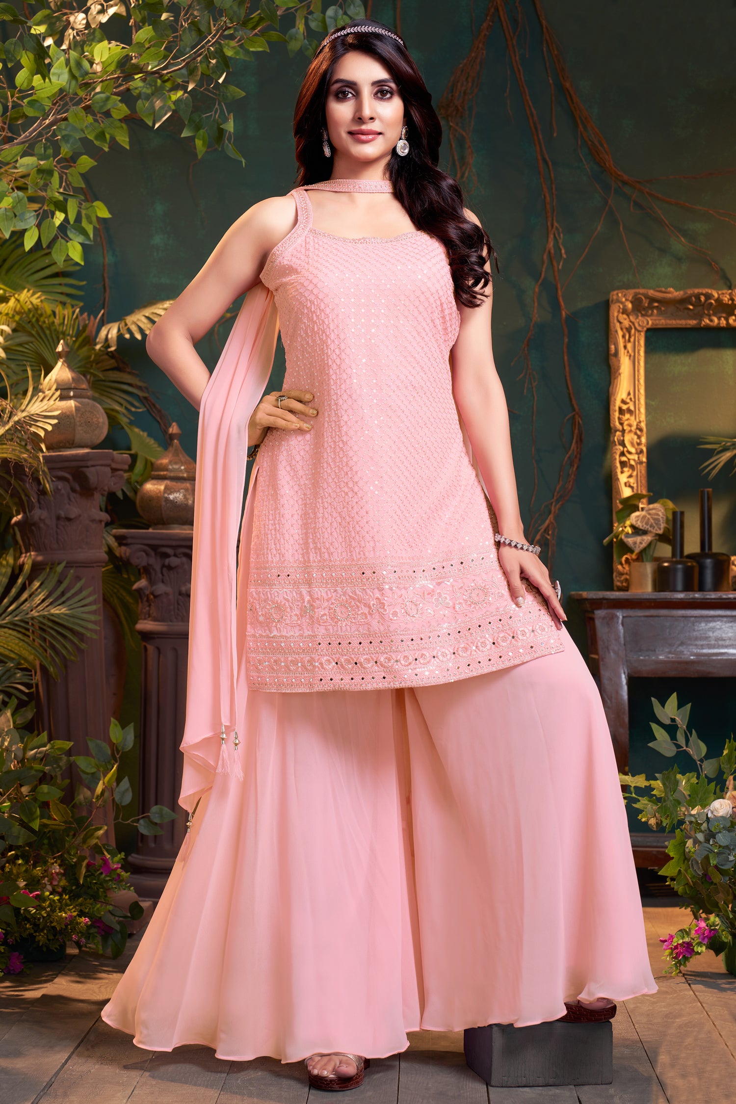 Elegant Light Pink Georgette Lucknowi Worked Palazzo Suit for weddings and festivals