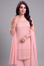 Close-up of intricate Lucknowi Chikankari embroidery on Light Pink Georgette Suit
