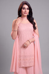 Close-up of intricate Lucknowi Chikankari embroidery on Light Pink Georgette Suit