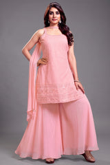 Light Pink Georgette Lucknowi Worked Palazzo Suit - Full Front View